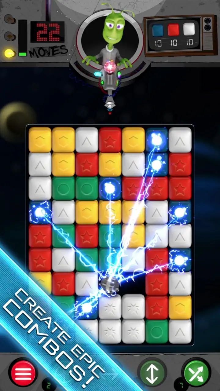 Nova Blast gameplay: a lightning combo chaining across coloured blocks