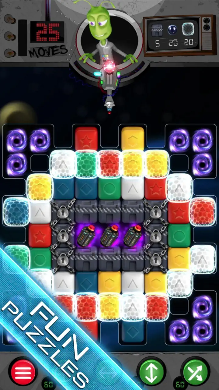 Nova Blast puzzle level with locked crates, frozen blocks and portal tiles