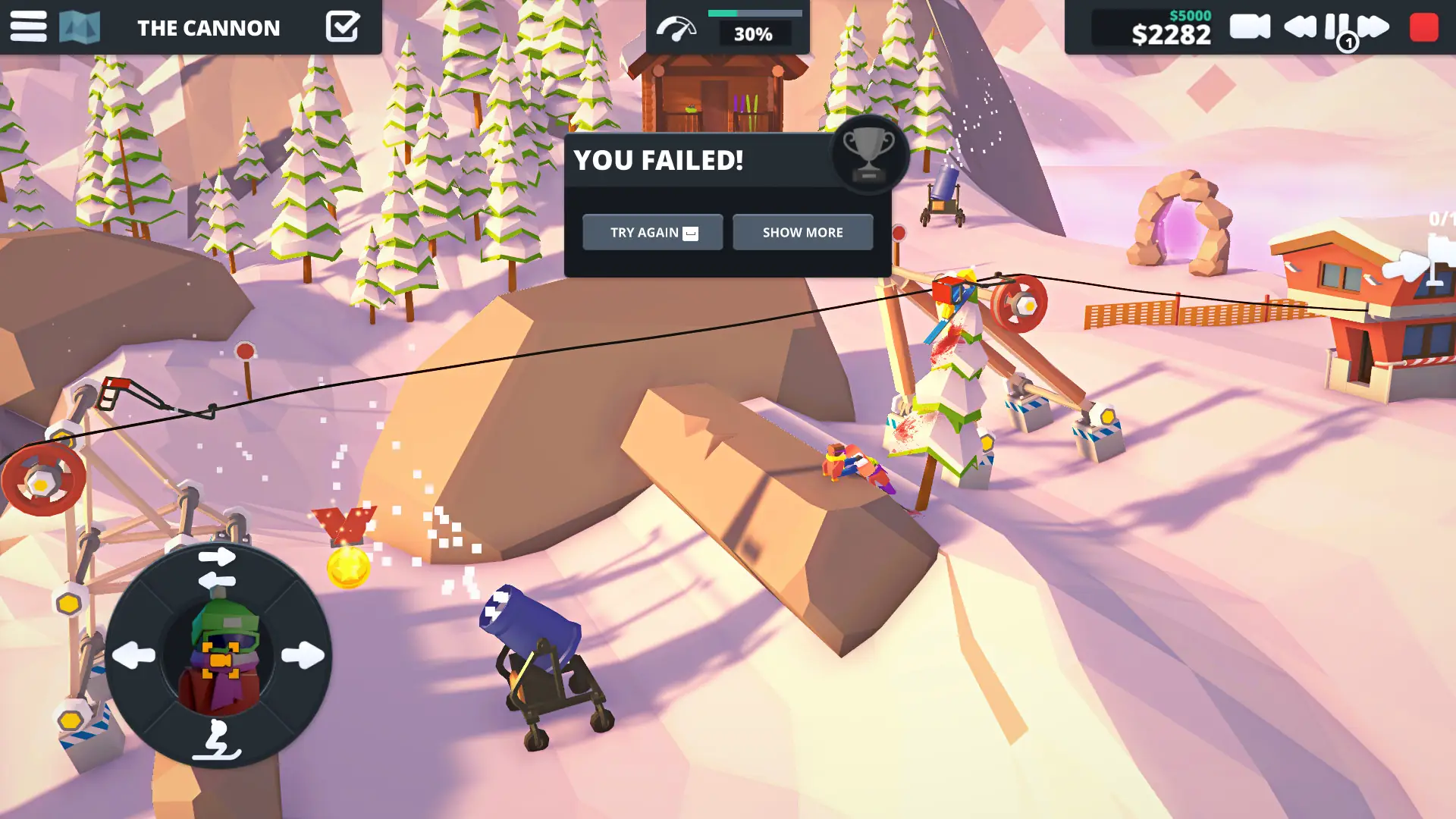 When Ski Lifts Go Wrong gameplay - The Cannon level showing a low-poly alpine setting with skier ragdoll physics and on-screen control HUD