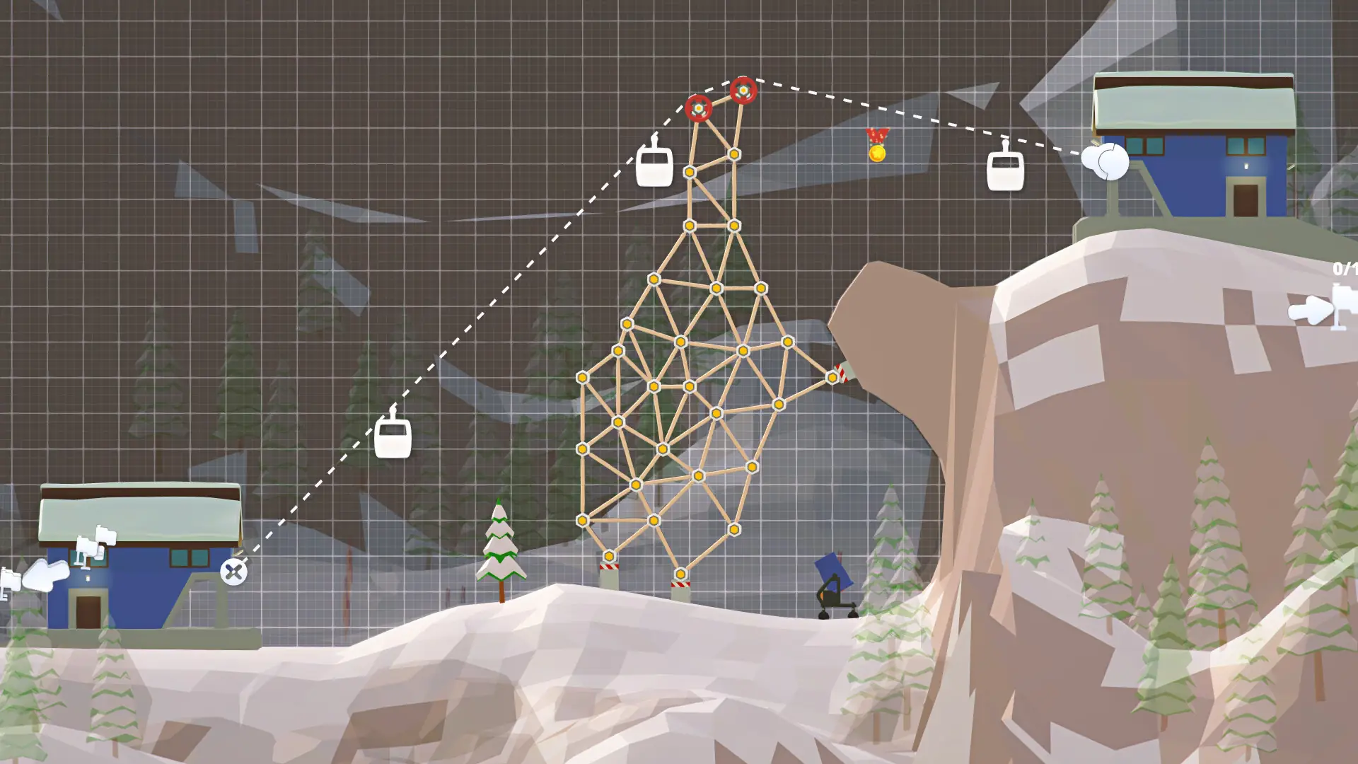 When Ski Lifts Go Wrong build mode - blueprint construction grid with a structural truss connecting two gondola stations and a planned cable path