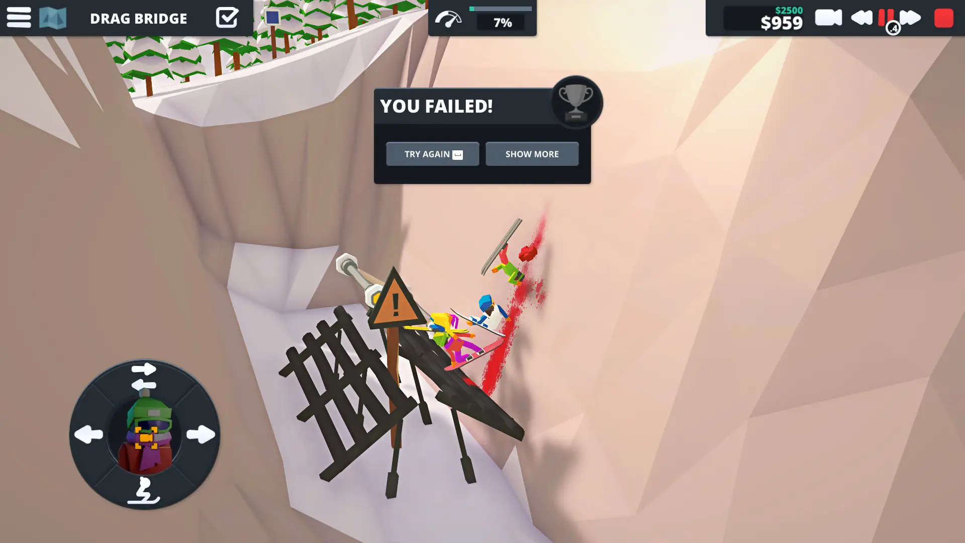 When Ski Lifts Go Wrong gameplay - Drag Bridge level fail state with a snowboarder ragdoll thrown against a cliff face