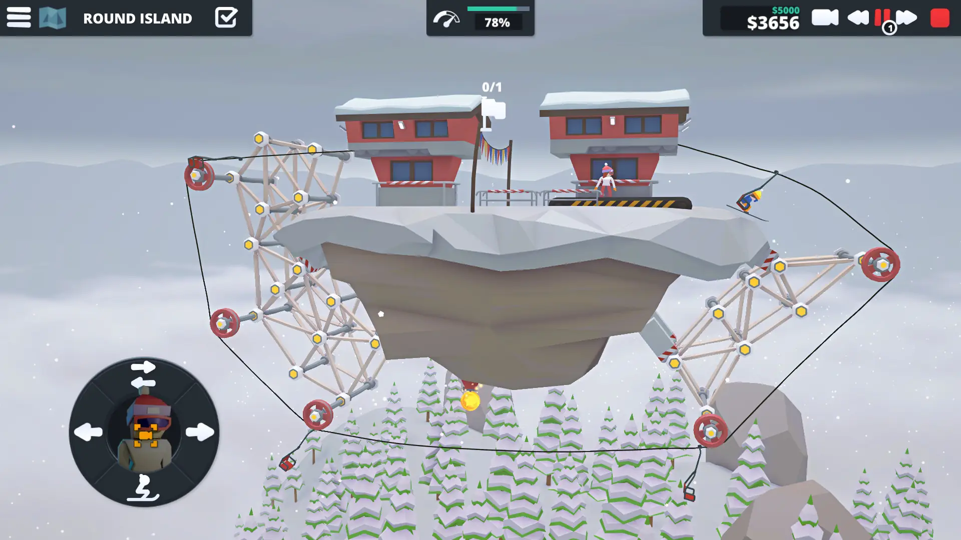 When Ski Lifts Go Wrong gameplay - Round Island level showing twin gondola stations on a floating cliff connected by player-built truss bridges