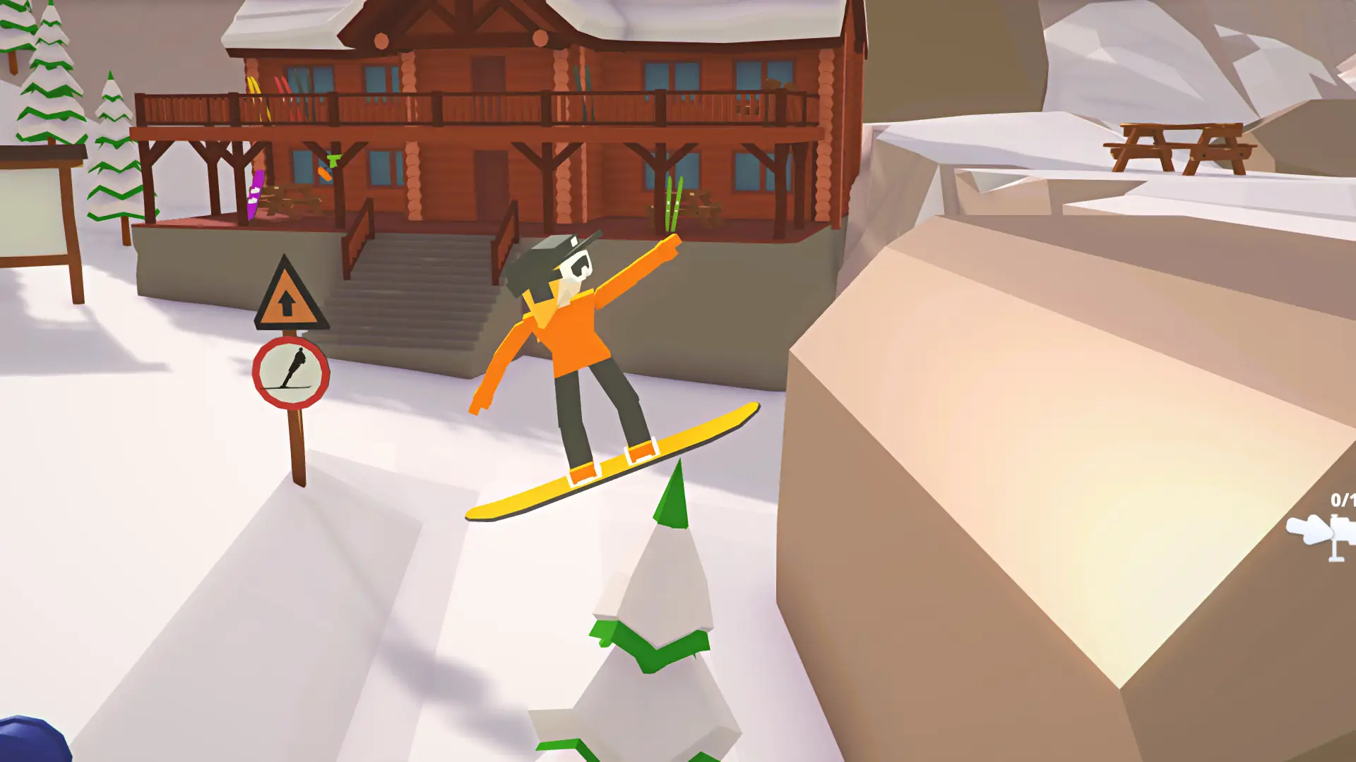 When Ski Lifts Go Wrong gameplay - low-poly snowboarder character outside an alpine log cabin lodge