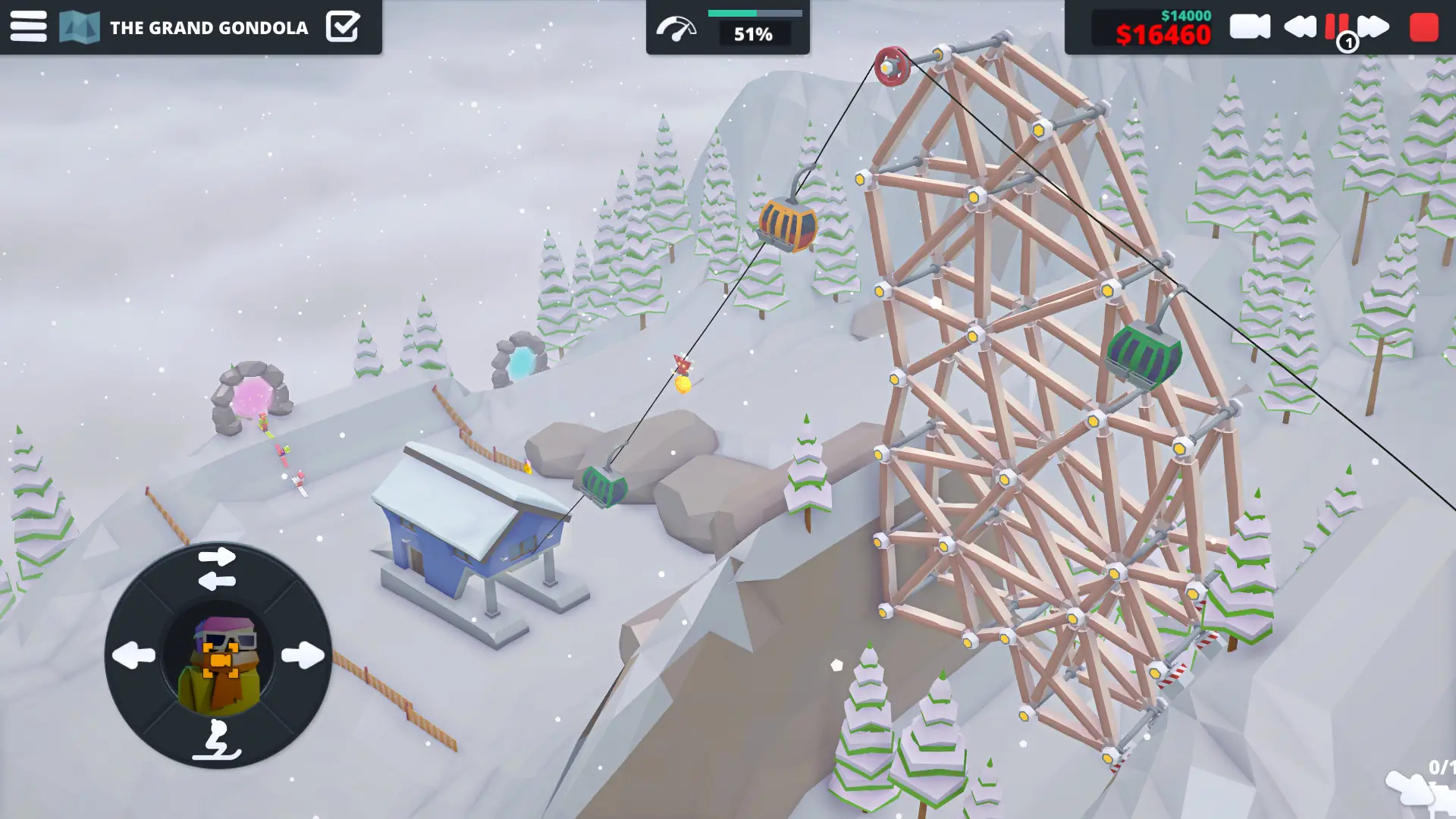 When Ski Lifts Go Wrong gameplay - The Grand Gondola level showing a large wooden truss tower with gondolas on a cable across a snowy mountain