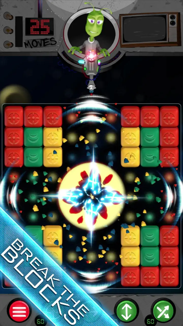 Nova Blast gameplay: a power-up blast clearing a grid of coloured blocks